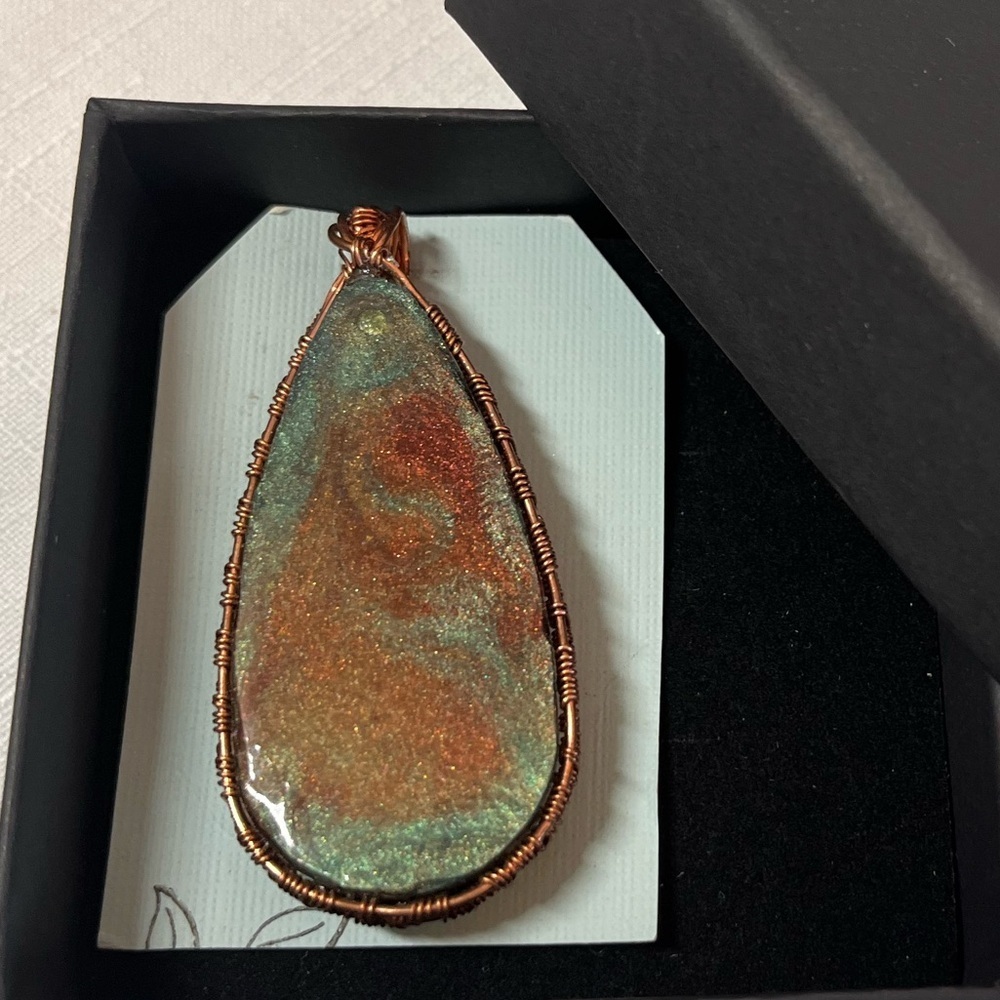 Artisan Wire wrapped resin necklace pendant. Handmade. Unique.